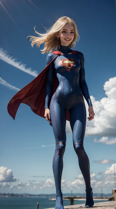 (Muscular:1.8), (thick thighs:1.8),
blonde female, (supergirl), (big smile:1.5), blunt bangs, (ponytail:0.7),
earrings, lipstick, eyeshadow,
hard nipples,
(full body suit, blue bodysuit:1.8), (small cape:1.3),
looking at viewer, three quarter view, (upper ...