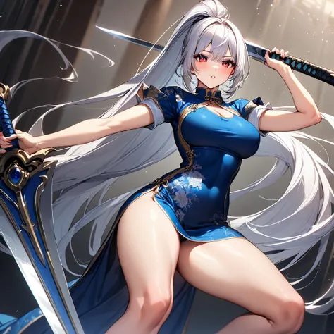 (masterpiece),(Highest quality),(Super detailed),(Best illustrations),(so beautiful), so beautiful長い脚, Thighs, Silver Hair, Red eyes, Very long hair, High Ponytail, blue dress, china dress, Side slits,  holding weapon, huge_sword, duel, 