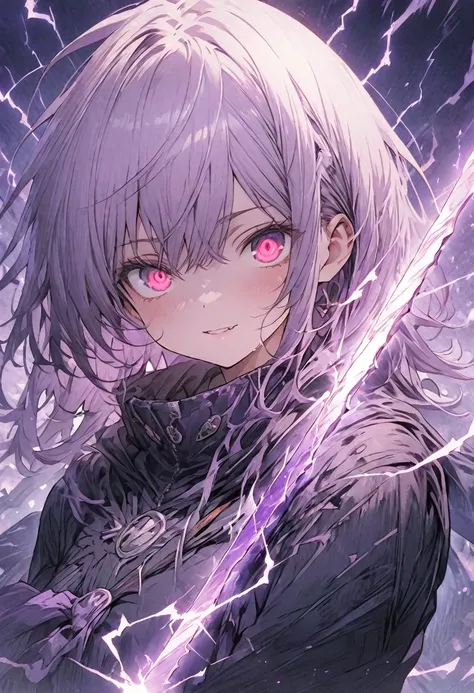 masterpiece, best quality, extremely detailed CG unity 8k wallpaper, A purple sword wrapped in lightning. It is very precisely made. An illustration of a cool girl holding an incredibly precise, high-definition, sharp, glowing sword. He is looking at you w...