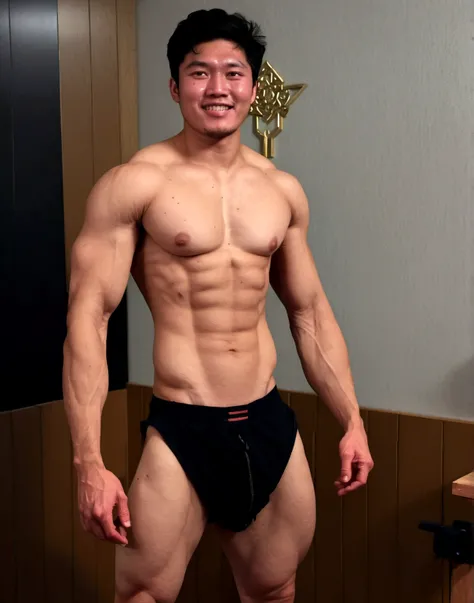 Naked Japanese muscle men,sunburn skin dark Black Japanese bodybuilder,,smile、Developed muscleature atmosphere、16yo,,no body hair,naked,Very bulky Big underboobs, Skin with visible veins, medium length hair,A cinematic scene unfolds in 8k resolution, where...