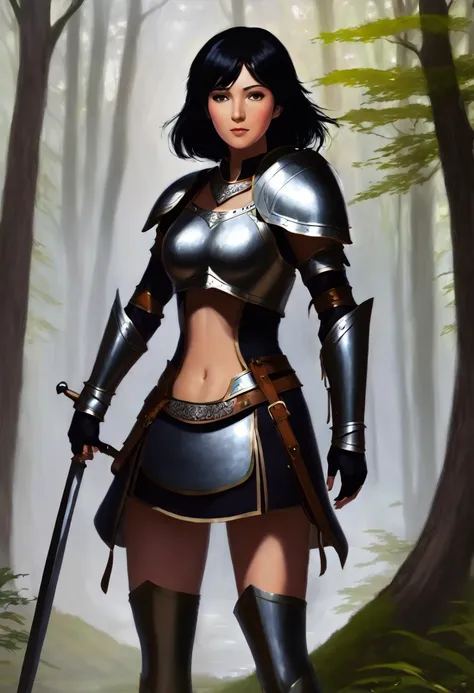 forest, 1 woman, black hair, gray eyes, armor, tall,