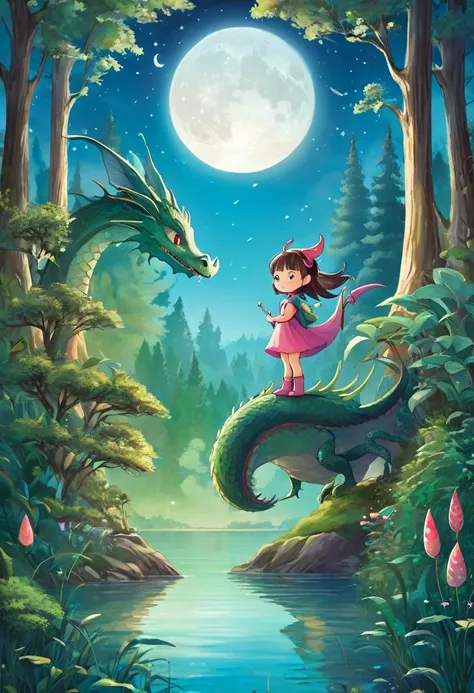 forest background with large lake, 1 girl about 5 years old, cute dragon, bright moon