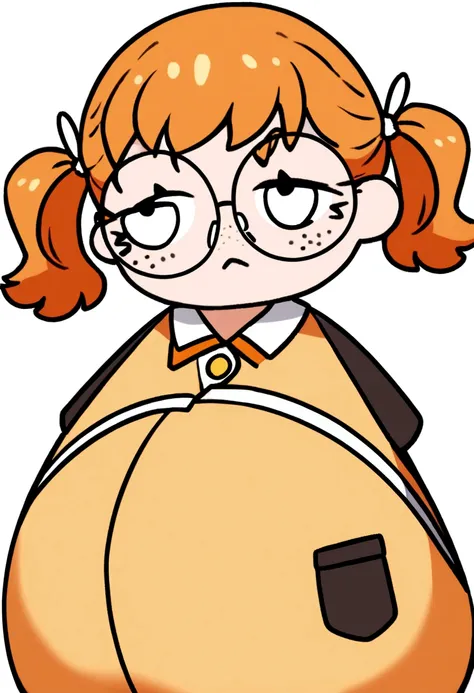 pregnant cute stoic tsundere scientist girl with orange short hair with pigtails, black eyes, round glasses, freckles on her face, yellow and orange , black boots, no background