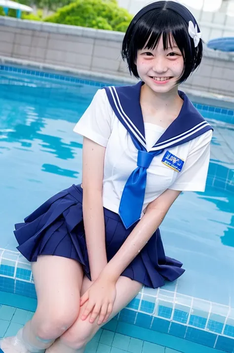 apanese、junior High School girls、1 person, 15 years old、Sailor Mercury、A cosplay that is heavy wet and slightly transparent、Wet light blue short hair、 Wet arms、Wet legs、Wet Face、smile、pose、Highest quality, wet poolside, big tits