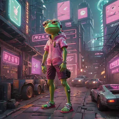 create a digital artwork of pepe frog in a cyberpunk setting. pepe should be anthropomorphized, standing on two legs and wearing...