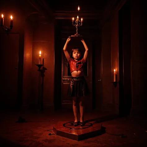 Full body view of an 8 year old girl performing a Satanic ritual in a satanic temple