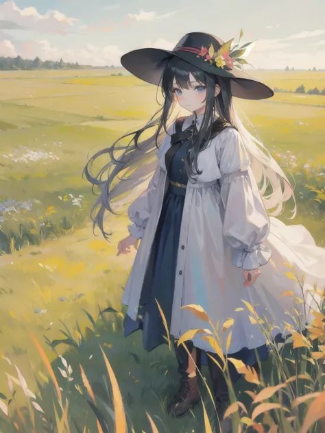 an oil painting of a feminine person in a field, standing near tall grass, 1girl, hat, solo, long hair