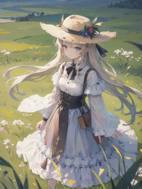 an oil painting of a feminine person in a field, standing near tall grass, 1girl, hat, solo, long hair