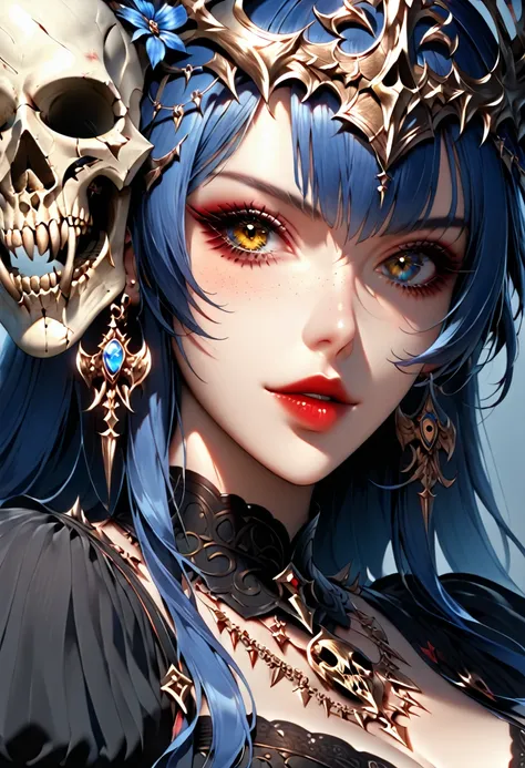 a woman with blue hair and a skull headpiece is surrounded by skulls, anime skull portrait woman, fantasy art style, beautiful necromancer girl, dark fantasy style art, beautiful necromancer, with a crown of skulls, gothic fantasy art, goddess of death, fa...