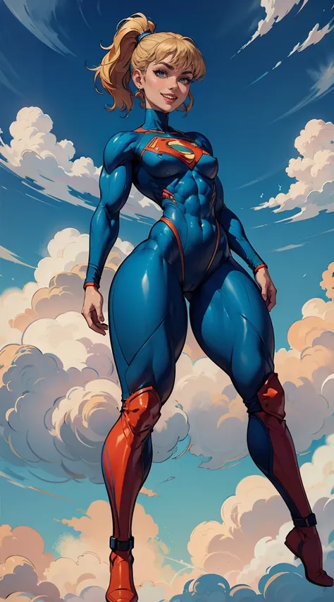 (Muscular:1.9), (thick thighs:1.9),
blonde female, (supergirl), (big smile:1.5), (blunt bangs), (ponytail:0.7),
earrings, lipstick, eyeshadow,
hard nipples, (small breasts:2),
(full body suit, blue bodysuit:1.6), (small cape:1.3),
looking at viewer, three ...