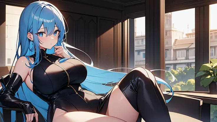 high resolution。Draw only the upper body from the side。Dimly lit basement。A beautiful woman with big breasts, a slender figure, long blue hair, blue eyes and a black spy outfit is sitting cross-legged on a chair.。