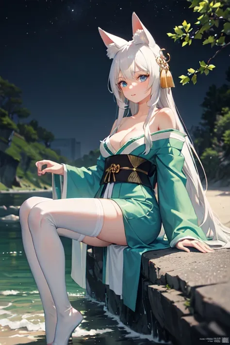 ((best quality)), ((masterpiece)), (detailed), Anime 18-year-old woman with white hair and blue eyes sitting on a stone by the river bank at night, Fox tail，Fox ears，long hair ，headgear, Waist ornaments，Anime style 4k, Elegant light green kimono,belt，White...