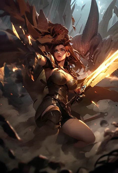 Hot busty milf warrior in tight armour fighting against ugly monsters with her shining lightning sword she cuts off the head of one of the monsters