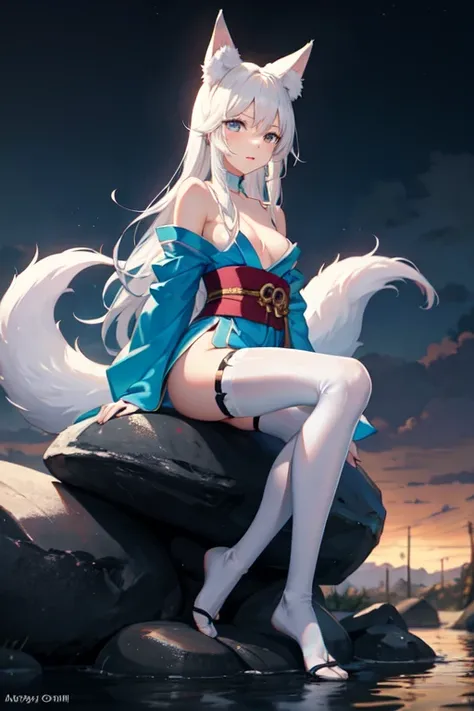 ((best quality)), ((masterpiece)), (detailed), Anime 18-year-old woman with white hair and blue eyes sitting on the stone steps by the river bank at night, Fox tail，Fox ears，long hair ，headgear, Waist ornaments，Anime style 4k, Elegant emerald green kimono,...