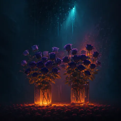 three purple roses with water droplets on them in a dark background, glowing flowers, translucent roses ornate, magical flowers, luminous flowers, beautiful flowers and crystals, beautiful!!! digital art, beautiful!!!!!!!!!, magical colorful flowers, ❤🔥🍄🌪,...