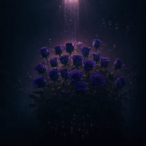 three purple roses with water droplets on them in a dark background, glowing flowers, translucent roses ornate, magical flowers,...