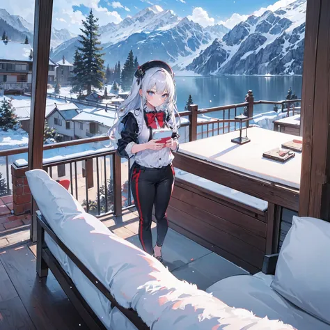 (1girl:1.6), full body, Ankle-length trousers and a blouse, BREAK, A charming, sunlit Swiss chalet with snow-covered mountains in the background, cute animals,, (masterpiece, top quality, best quality, official art, beautiful and aesthetic:1.3), extreme de...