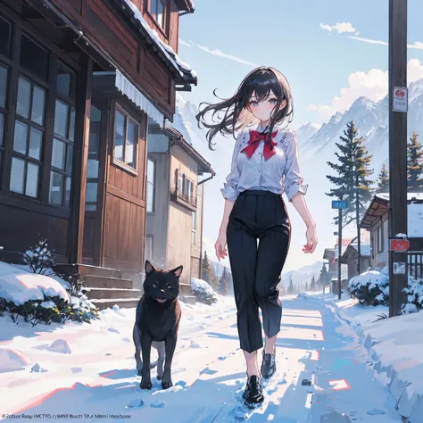 (1girl:1.6), full body, Ankle-length trousers and a blouse, BREAK, A charming, sunlit Swiss chalet with snow-covered mountains in the background, cute animals,, (masterpiece, top quality, best quality, official art, beautiful and aesthetic:1.3), extreme de...