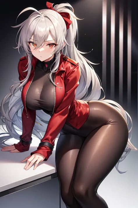 Tall, slim, She has long grey hair tied back in an enormous, messy ponytail that reaches down to her thighs, hair covering one eye, she wears a red jacket, wearing a black full-body suit, golden eyes, laboratory background, wide hips, resting breasts on a ...