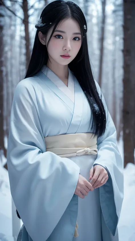 A realistic depiction of Yuki-onna (Snow Woman), a mythical figure from Japanese folklore. She appears as a beautiful woman with long, flowing black hair and pale, almost translucent skin. She is dressed in a traditional white kimono that blends seamlessly...