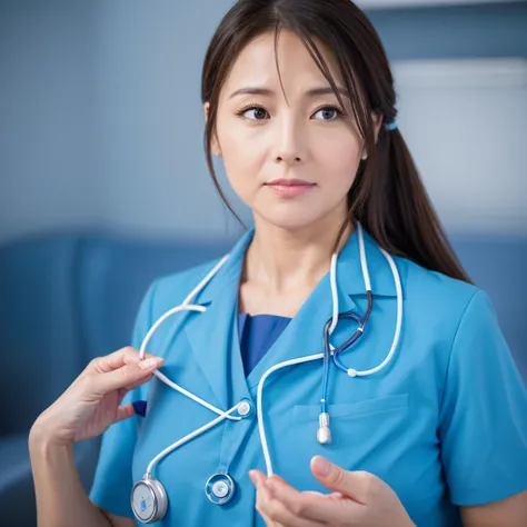 Create an image depicting a woman in a blue nurse uniform who is overly considerate of others. Show her expressing kindness and empathy, emphasizing her gentle demeanor and professional qualities through her facial expression and gestures. Set the scene in...