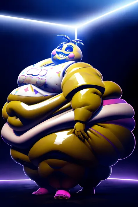 Chica from Five Nights at Freddys, ((insanely big thighs)), ((fat rolls)), ((gigantic hips)), massive lower body, (thighs several times wider than body), thighs occupy lower half of frame, ((massive thighs)), ((ssbbw)), ((obese)), ((morbidly obese)), plain...