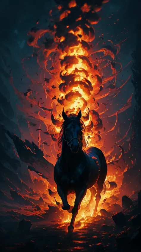 a close up of a horse with a fire mane running through the air, concept art by Yang J, pixiv, fantasy art, fire and flames mane, engulfed in swirling flames, 4k anime wallpaper, with red glowing eyes, amazing wallpaper, with glowing red eyes, 4 k manga wal...