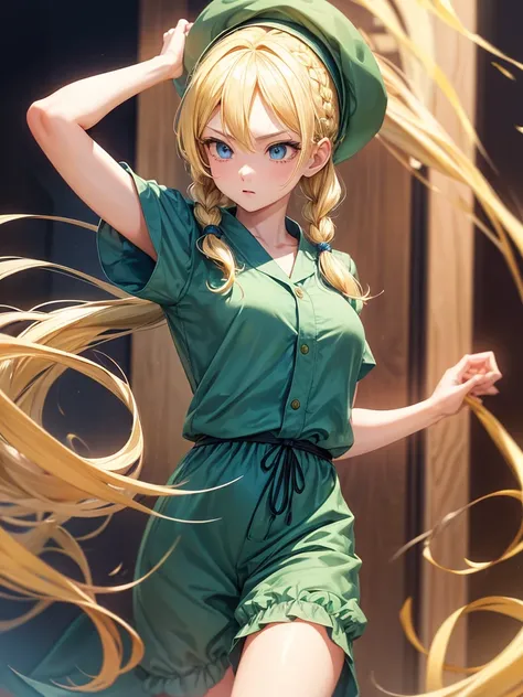 an adult girl, blond hair, two low blonde pigtails, blue eyes, green jumpsuit dress, a green hat on his head, type photo for profile, all with the design and style of Dragon Ball 