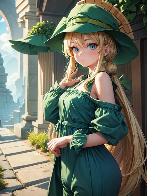 an adult girl, blond hair, two low blonde pigtails, blue eyes, green jumpsuit dress, a green hat on his head, type photo for profile, all with the design and style of Dragon Ball 