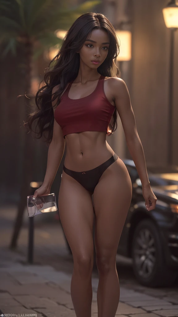 ((Realistic lighting, Best quality, 8K, Masterpiece: 1.3)), ((Clear focus: 1.2)), 1 girl, ((Perfect Figure: 1.4)), ((Slim Abs: 1.1)), See through, tight clothing, ((african, dark skin, tanned brunette girl, wavy hair)), (panties: 1.4), (Red crop top: 1.4),...