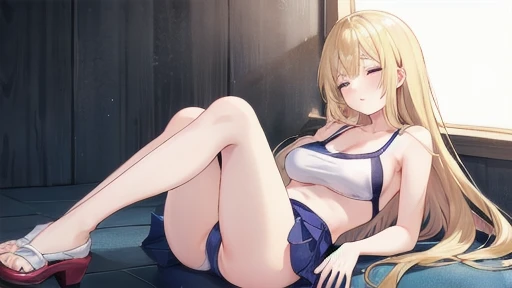 floor、Short skirt，Clothes with intricate details，color，Swimsuit，one person，blond，Sexy、Deep sleep、long hair、Stockings