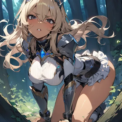 (anime style),masterpiece, best quality, extremely detailed,20Years old,tanned skin,dark skin, Beautiful body,large breasts press,BREAK,multicolored colorful blonde hair,shaggy hair,long hair,long pony hair,BREAK,black eyes,black choker,dignified face,disg...