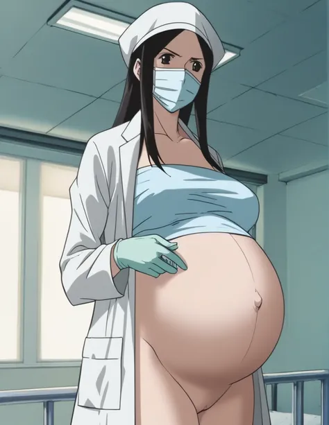 masterpiece, highest quality, (RAW photo, best quality), 1girl, frown, pale skin, shy eyes, big breasts, pregnant, stand, natural lighting, solo, hospital, in the operating room, surgical bet,
ray kasugano, pregnant with big belly, labcoat, (give a score o...