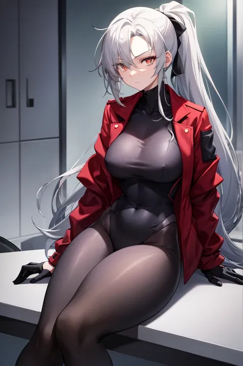 Tall, slim, She has long grey hair tied back in an enormous, messy ponytail that reaches down to her thighs, hair covering one eye, she wears a red jacket, wearing a black full-body suit, golden eyes, angle from below, laboratory background, wide hips, res...