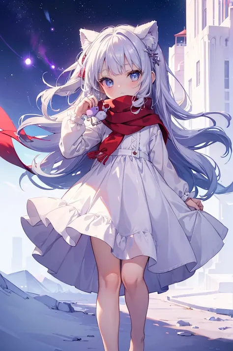 (((masterpiece))), (((best quality))),(((high detail))),light manipulation, girl with silver hair, gradient purple to sky blue eyes, wearing a white dress, a red scarf, (((loli))), (((child))) , galaxy background, holding a teddy bear, feet, no footwear