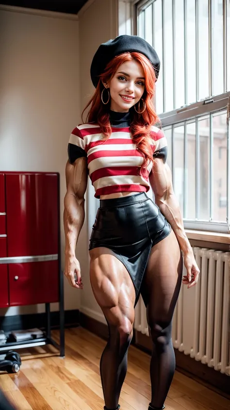 (Muscular:2.5), (thick thighs:2.4), 
french female, (red hair, pale skin:1.4), (big smile:1.8), short hair,
(eyeshadow, lipstick, red lips, hoop earrings:1.3)
(neck bandana:1.5), (black and white clothing), (frenchgirlstyle, blue striped pullover, horizont...