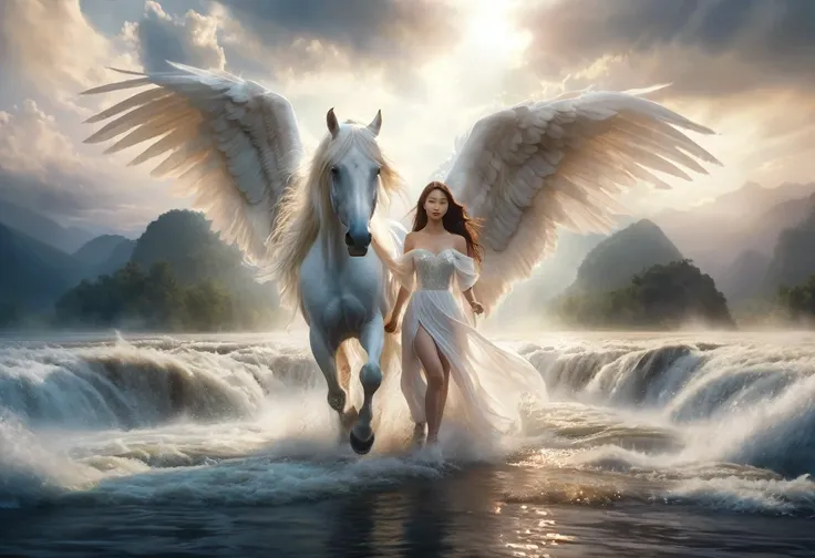 stunning fantasy art, surreal depiction, an asian woman with long hair wearing a white dress walking with a majestic white horse with spread wings, in a beautiful fast river in heaven, cinematic view, look like a movie scene, long distance shot, soft backg...