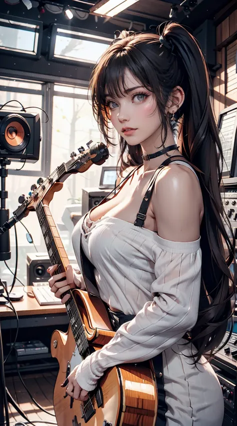 19-year-old female、Twin tails、Sexy proportions、Sexy、Eyeshadow、lipstick、Playing the guitar、Recording Studio、Recording Room