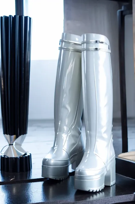 Her wearing tall black shiny rubber rain boots