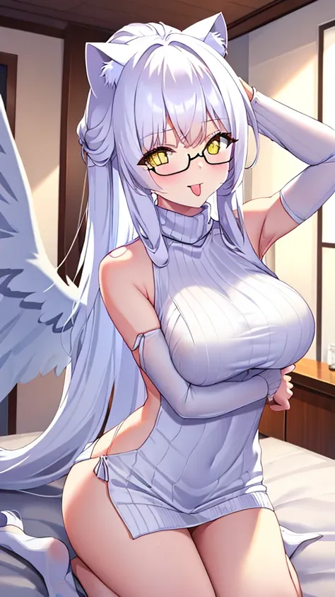 a 20-year-old female angel with long, white hair, yellow eyes, white cat ears, and large white angel wings. yellow halo ring rou...