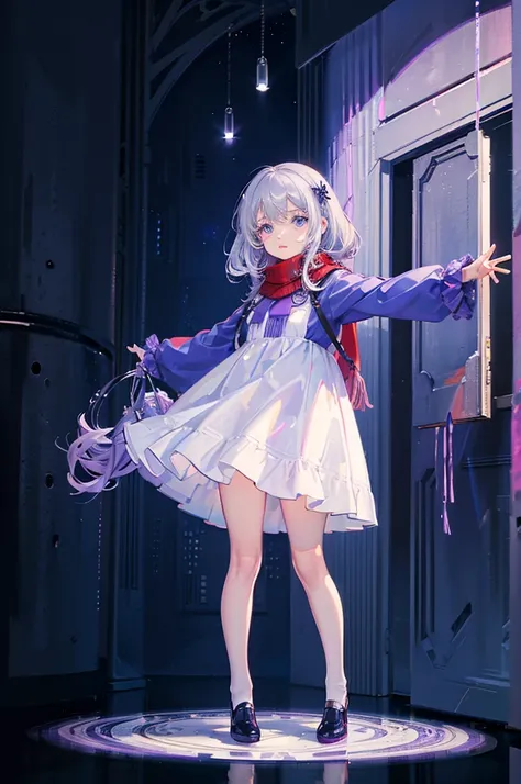 (((masterpiece))), (((best quality))),(((high detail))),light manipulation, girl with silver hair, gradient purple to sky blue eyes, wearing a white dress, a red scarf, (((loli))), (((child))) , galaxy background, holding a teddy bear, feet, no footwear