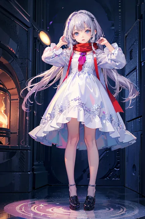 (((masterpiece))), (((best quality))),(((high detail))),light manipulation, girl with silver hair, gradient purple to sky blue eyes, wearing a white dress, a red scarf, (((loli))), (((child))) , galaxy background, holding a teddy bear, feet, no footwear