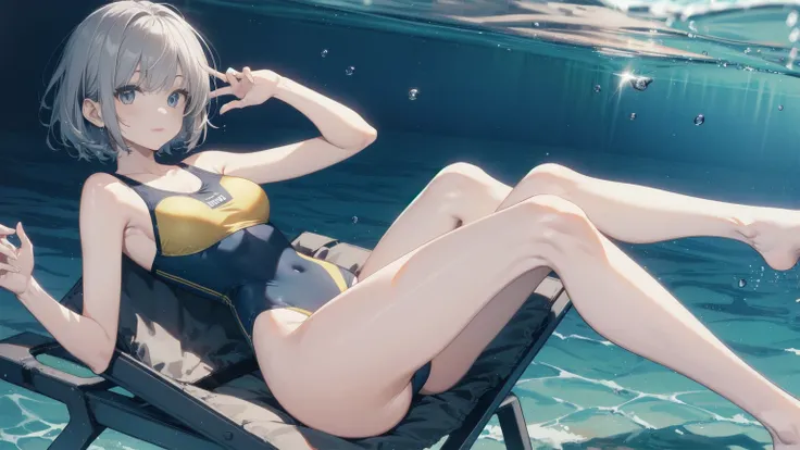 high quality、最high quality、Complete limbs、Ultra-high resolution、Full Finger、short hair、Gray Hair、Slender beauty、Wearing a yellow swimsuit,One Girl