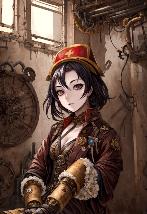 Girl in an ambulance in the style of a fantastic anime design like the steampunk 