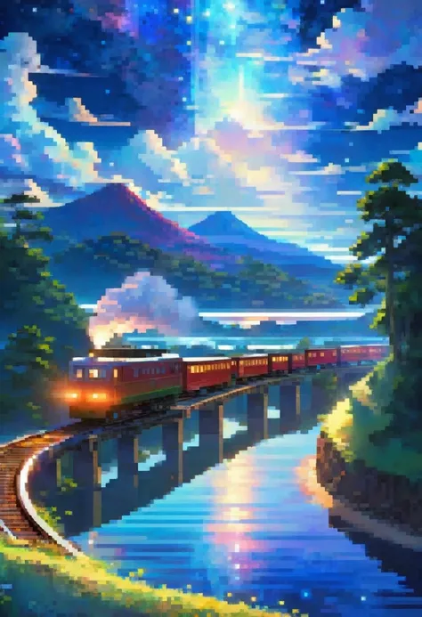 High-quality masterpiece, landscape, cloud, Cartoon train passing a body of water on the tracks in the distance, Bright starry sky. Visitors, Romantic Lighting, Pixif, Concept Art, Lofy art style, reflection. Shinkai Makoto, Trophy Art, Beautiful anime sce...