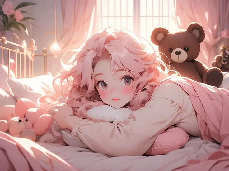 a close up of a bed with a teddy bear on it, with soft pink colors, soft!!, dreamy soft, cozy bed, very comfy, very comfy], soft cute colors, pale, large comfy bed, light pink tonalities, lovely, bed, tufted softly, heaven pink, satin, comfy, dreamy, soft....