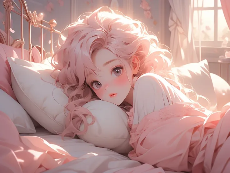 a close up of a bed with a teddy bear on it, with soft pink colors, soft!!, dreamy soft, cozy bed, very comfy, very comfy], soft cute colors, pale, large comfy bed, light pink tonalities, lovely, bed, tufted softly, heaven pink, satin, comfy, dreamy, soft....