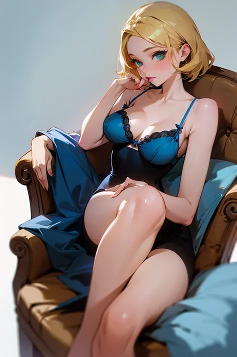 1girl, blue lingerie, blue lipstick, green eyes, blonde hair, thin body type, pin-up pose, chair, cozy environment, character design, white background, fullbody, tease