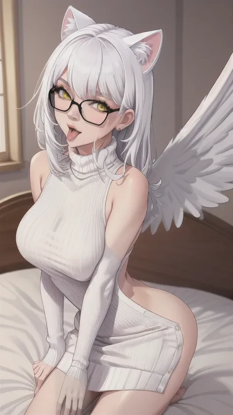 A 20-year-old female angel with long, white hair, yellow eyes, white cat ears, and large white angel wings. yellow halo ring round white glasses (White halter turtleneck sweater, white purekiller sweater, sleeveless, sexy backless sweater, white dress) Whi...