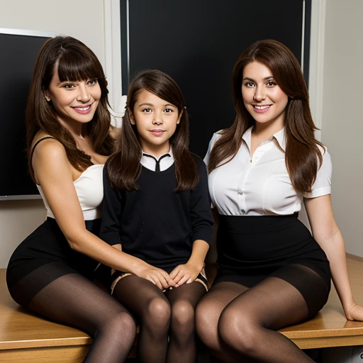 mom and 9 yo son and family wearing pantyhose sit on a table and office dress